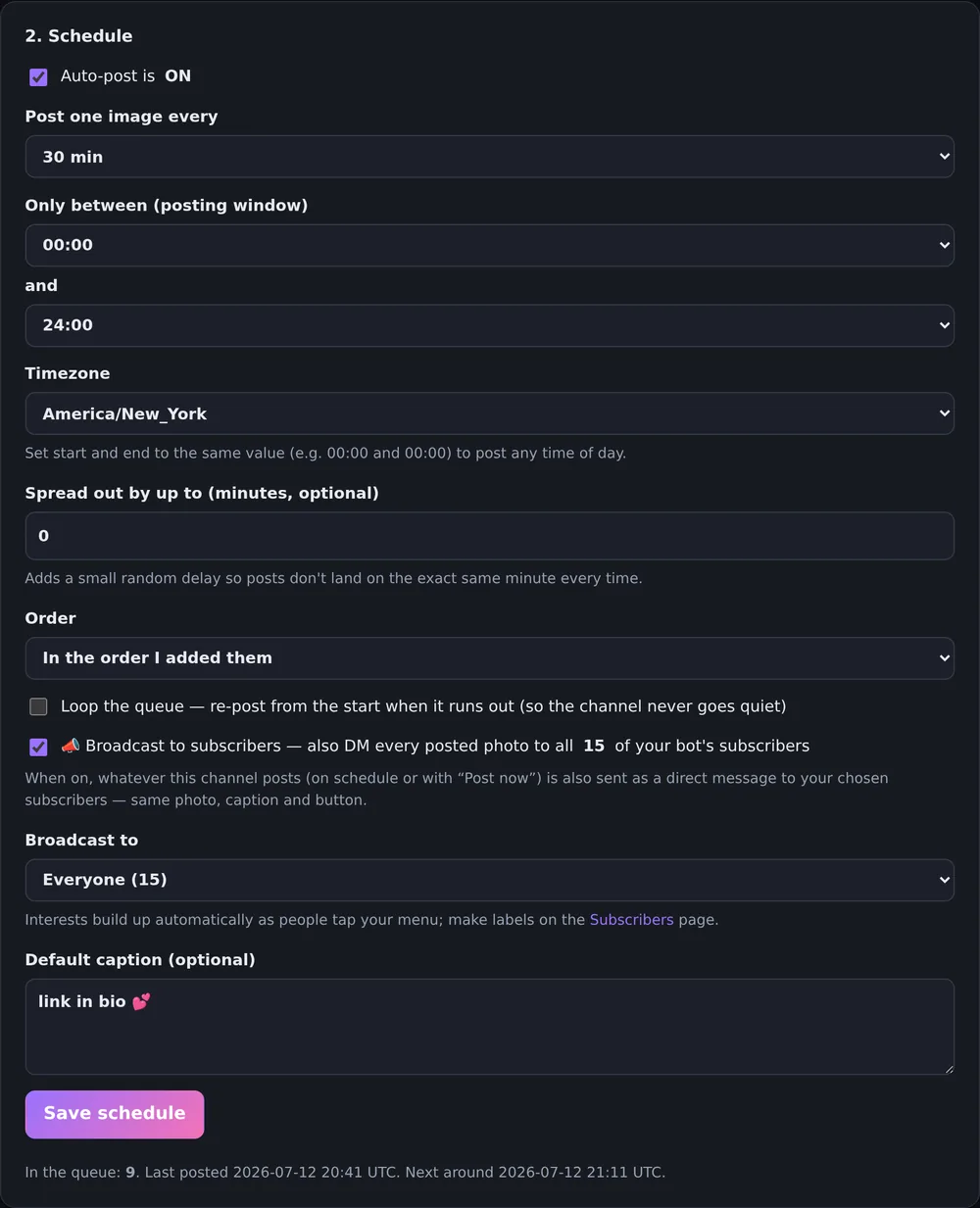 Posting schedule screen